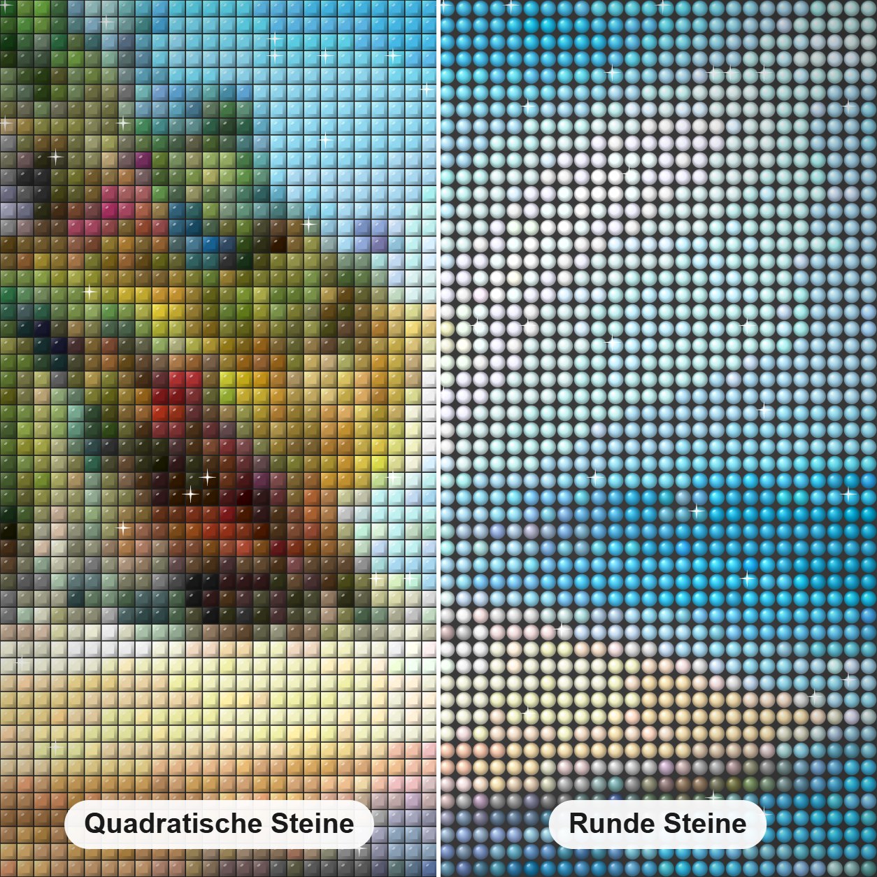 Fantasy Strand Diamond Painting Nahaufnahme mit quadratischen und runden Steinen