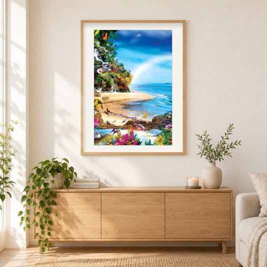 Fantasy Strand als gerahmtes Diamond Painting im Wohnzimmer