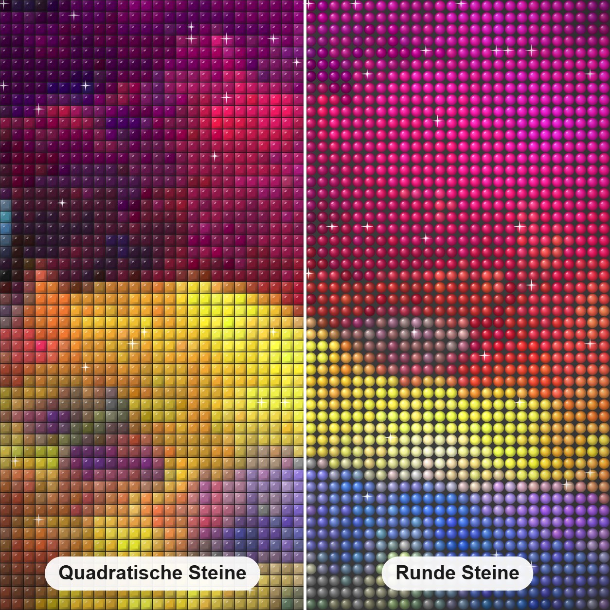 Farben Explosion Diamond Painting Nahaufnahme mit quadratischen und runden Steinen
