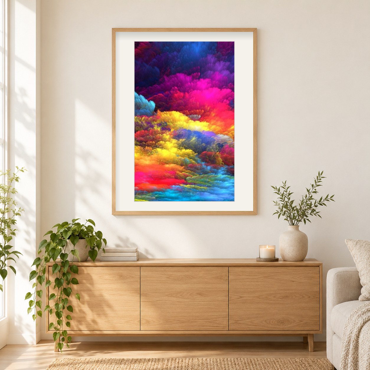 Farben Explosion als gerahmtes Diamond Painting im Wohnzimmer