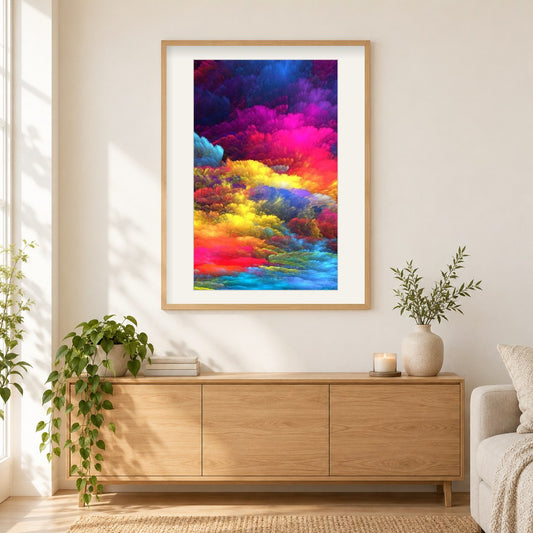 Farben Explosion als gerahmtes Diamond Painting im Wohnzimmer