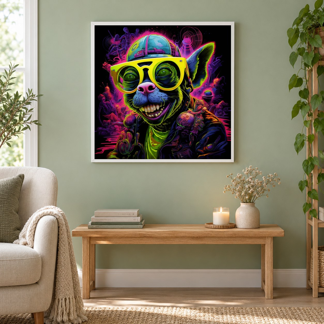 Modischer pelziger Freund – Diamantkunst als gerahmtes Diamond Painting im Wohnzimmer