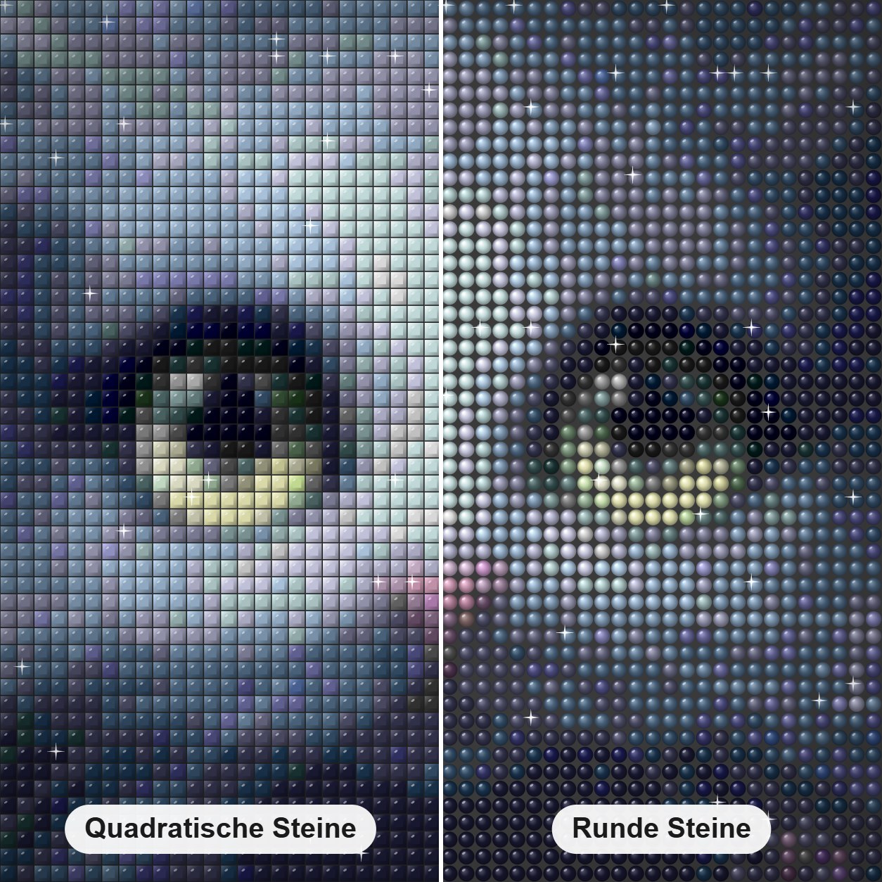 Faszinierende Katzenfarbe mit Diamanten Diamond Painting Nahaufnahme mit quadratischen und runden Steinen