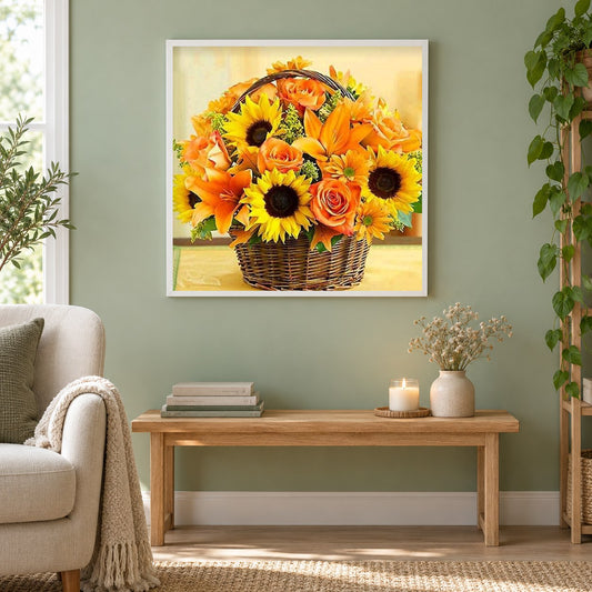 Faszinierende Rosen und Sonnenblume als gerahmtes Diamond Painting im Wohnzimmer