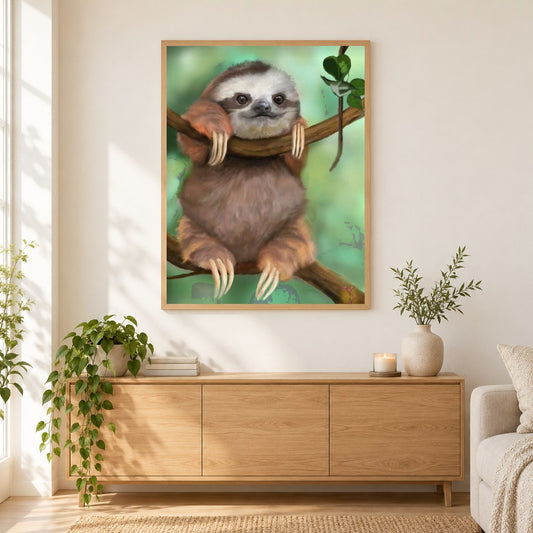 Faultier als gerahmtes Diamond Painting im Wohnzimmer