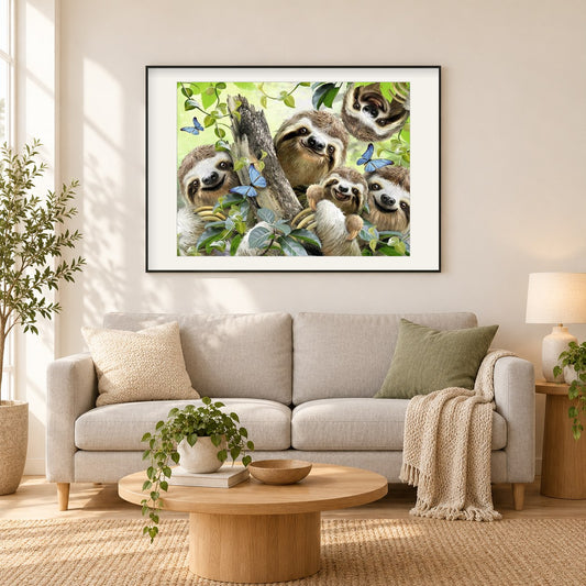Faultier Familie als gerahmtes Diamond Painting im Wohnzimmer