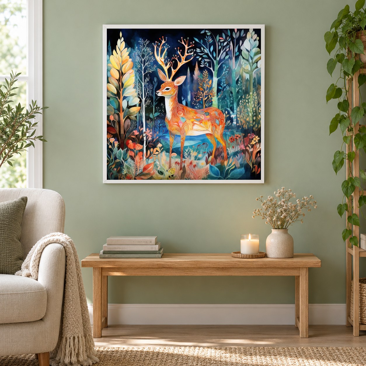 Rehkitz im Wald als gerahmtes Diamond Painting im Wohnzimmer