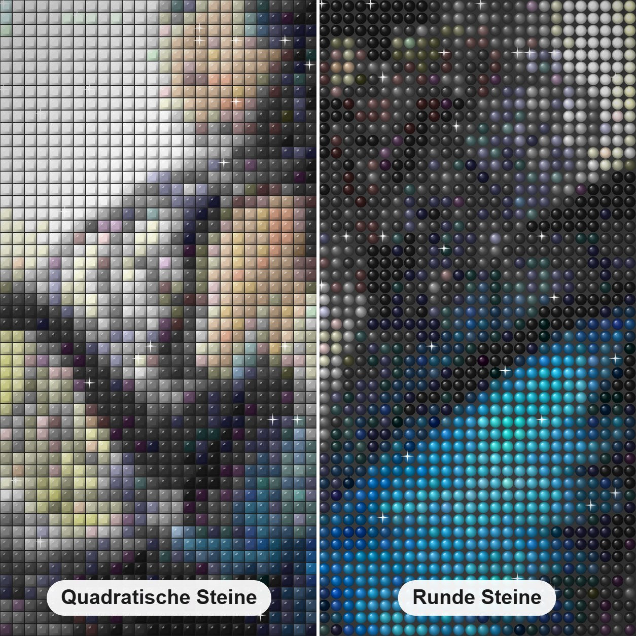 Fee Diamond Painting Nahaufnahme mit quadratischen und runden Steinen