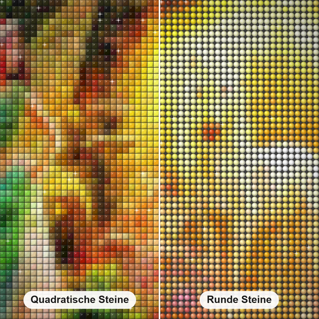 Fee im Fantasiewald Diamond Painting Nahaufnahme mit quadratischen und runden Steinen