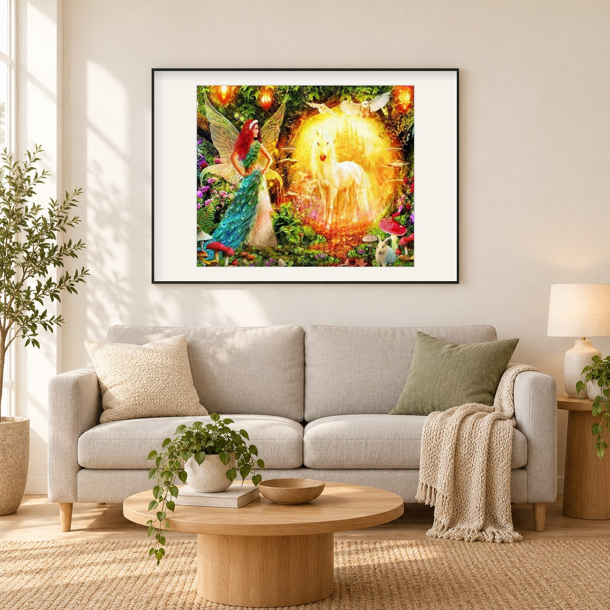 Fee im Fantasiewald als gerahmtes Diamond Painting im Wohnzimmer
