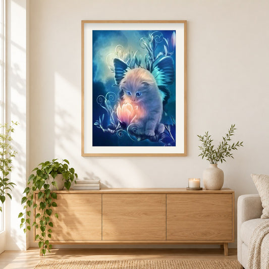 Fee Kitty als gerahmtes Diamond Painting im Wohnzimmer