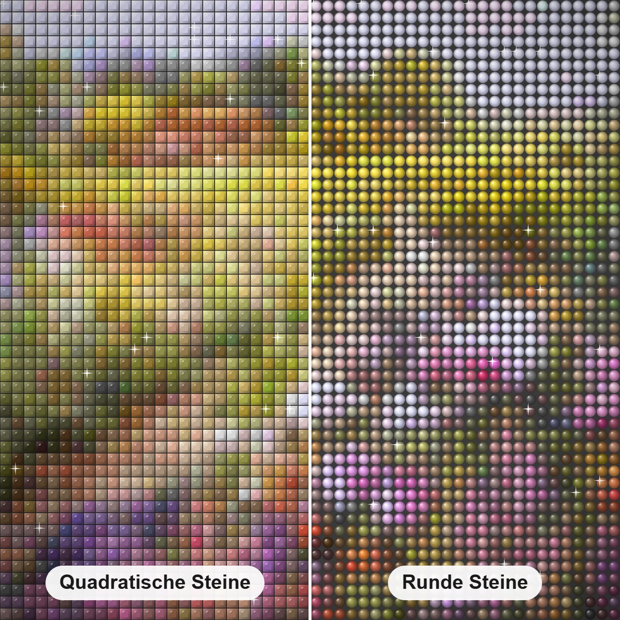 Feld der bunten Blumen Diamond Painting Nahaufnahme mit quadratischen und runden Steinen