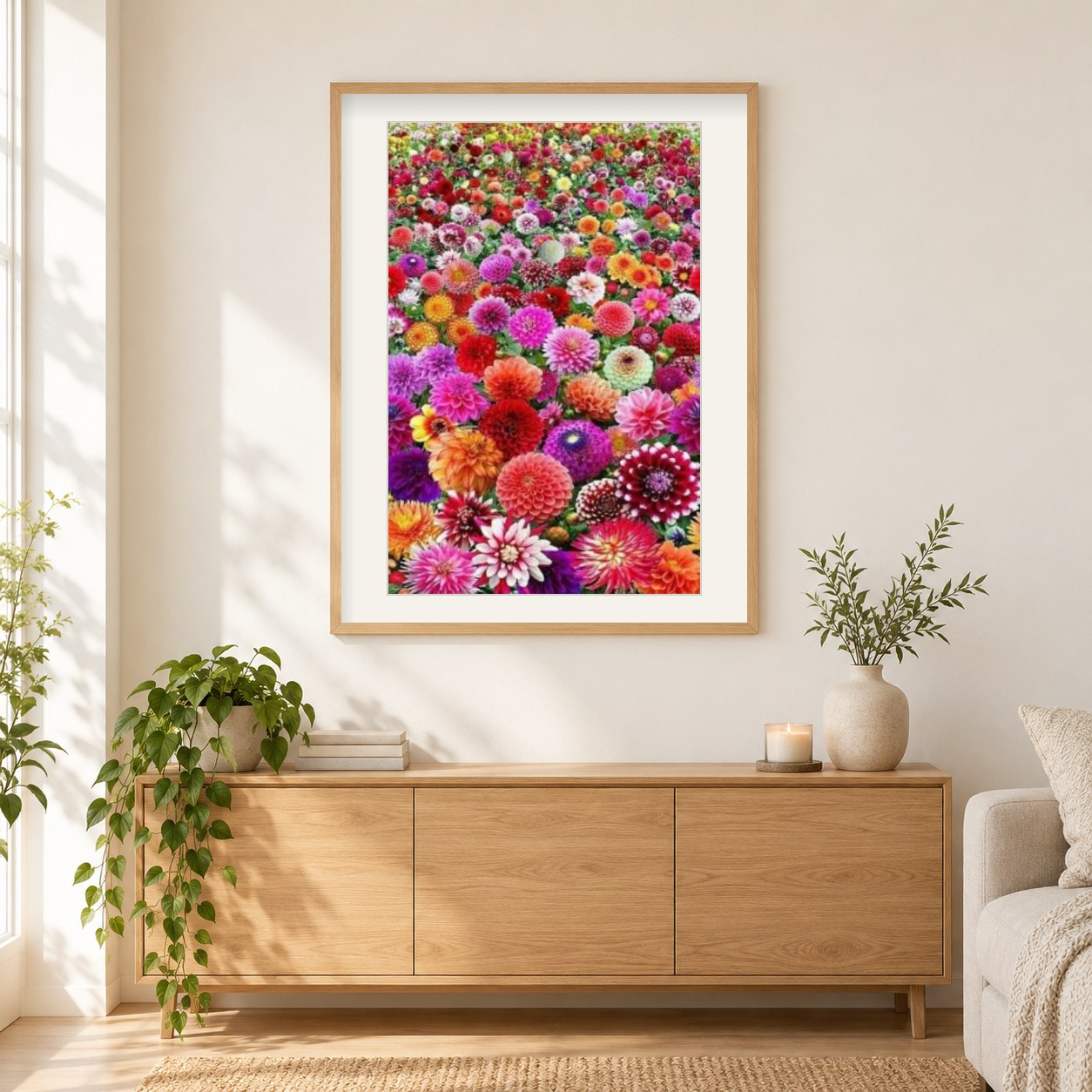 Feld der Dahlienblüten als gerahmtes Diamond Painting im Wohnzimmer