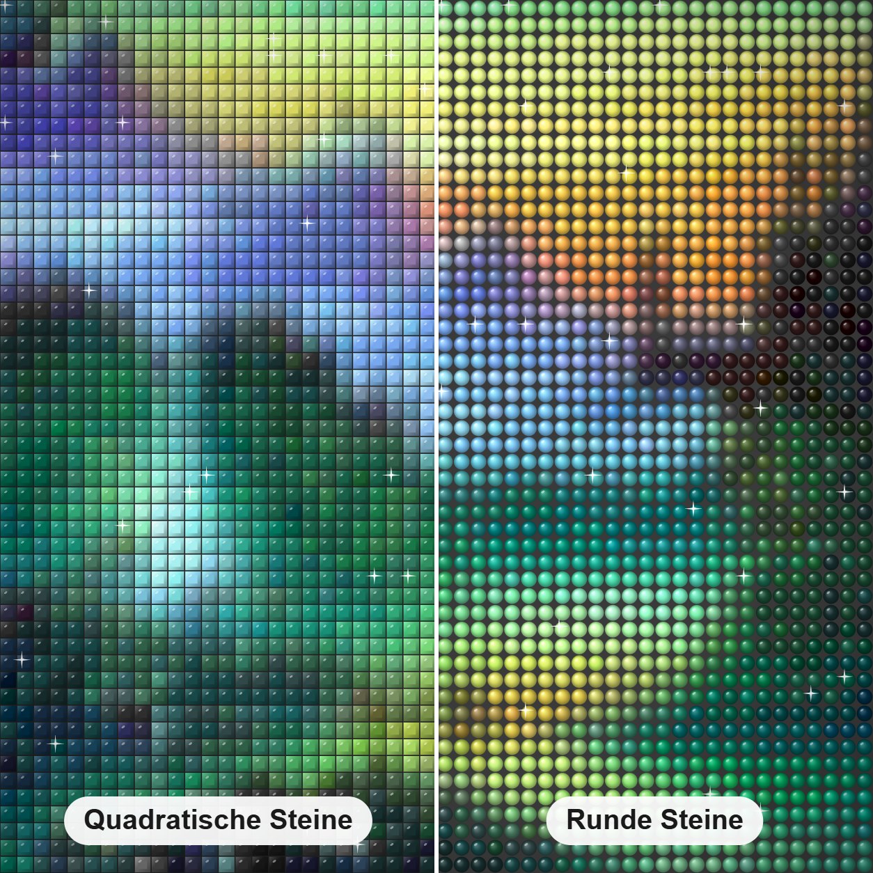 Fenster zum Fantasieland Diamond Painting Nahaufnahme mit quadratischen und runden Steinen