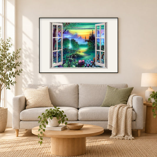 Fenster zum Fantasieland als gerahmtes Diamond Painting im Wohnzimmer