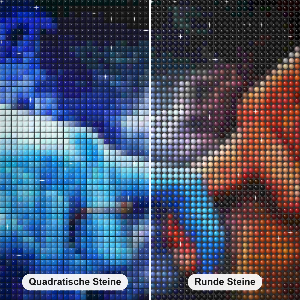 Feuer & Eis Liebe Diamond Painting Nahaufnahme mit quadratischen und runden Steinen