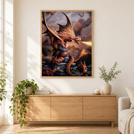 Feuerdrache mit Eiern & Babys als gerahmtes Diamond Painting im Wohnzimmer