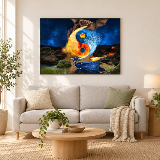 Feuerdrache und Wasserdrache im Kampf als gerahmtes Diamond Painting im Wohnzimmer