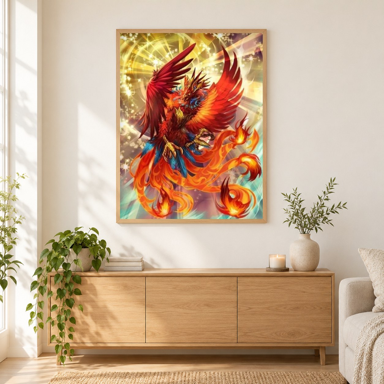 Feuerkönig Phoenix als gerahmtes Diamond Painting im Wohnzimmer