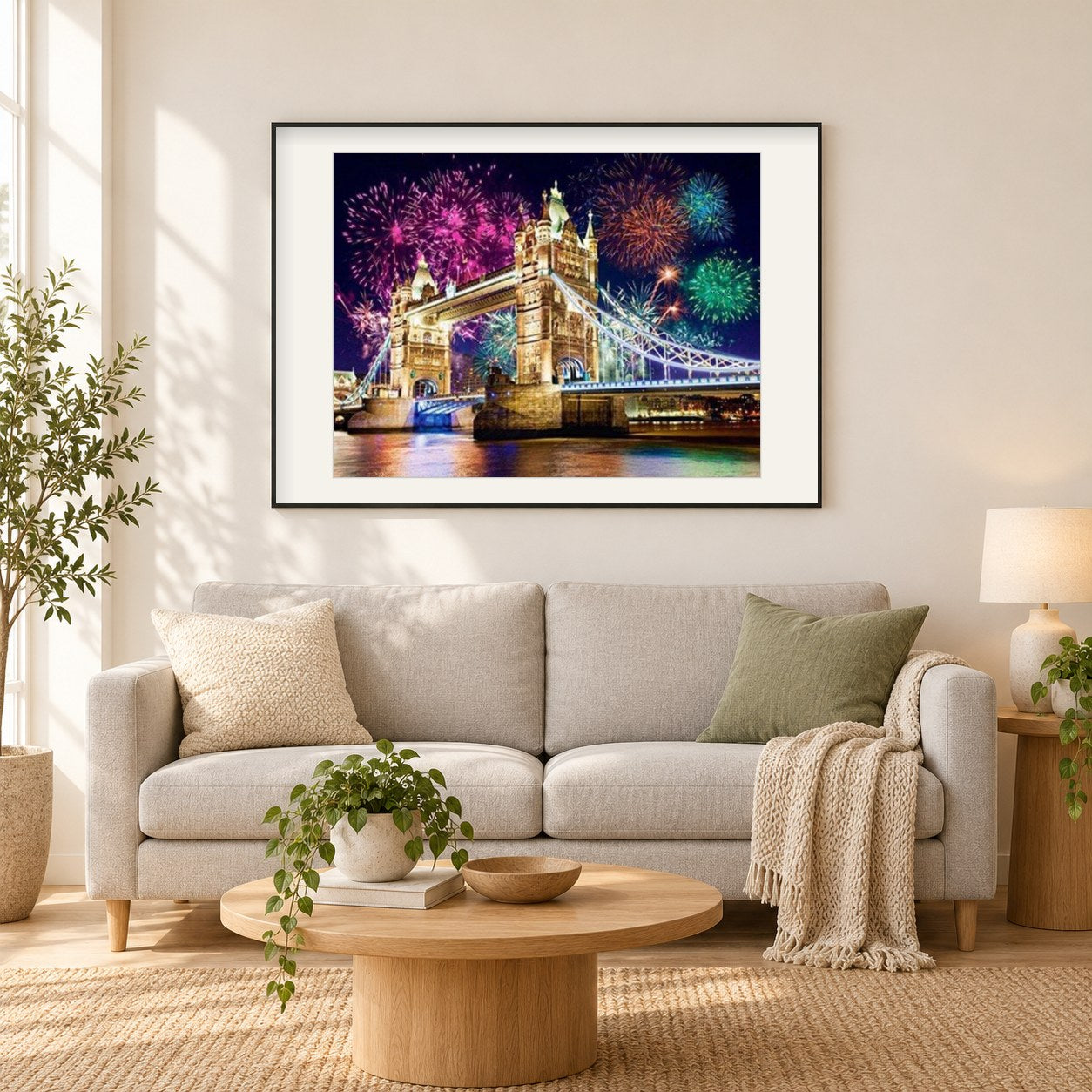 Feuerwerk auf Brücke als gerahmtes Diamond Painting im Wohnzimmer