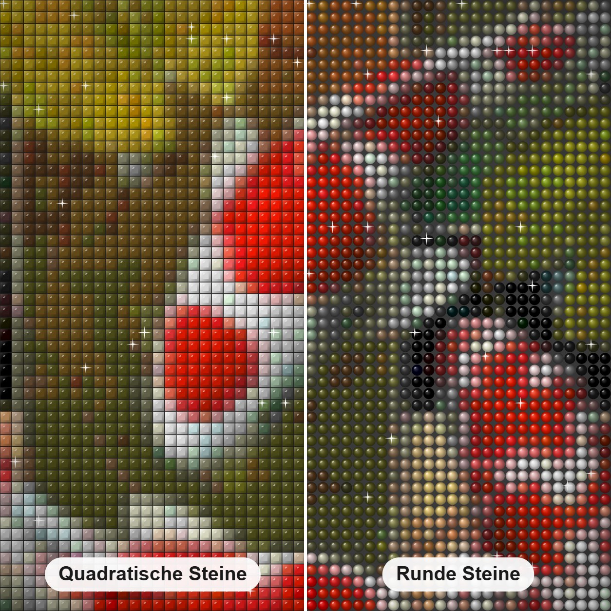 FIGMENTE - Kunst des Terry Gilecki Diamond Painting Nahaufnahme mit quadratischen und runden Steinen