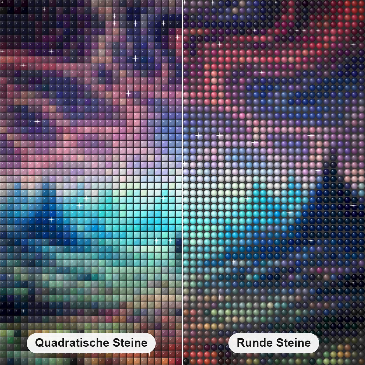 Finden Sie Ihren inneren Frieden – Diamantkunst Diamond Painting Nahaufnahme mit quadratischen und runden Steinen