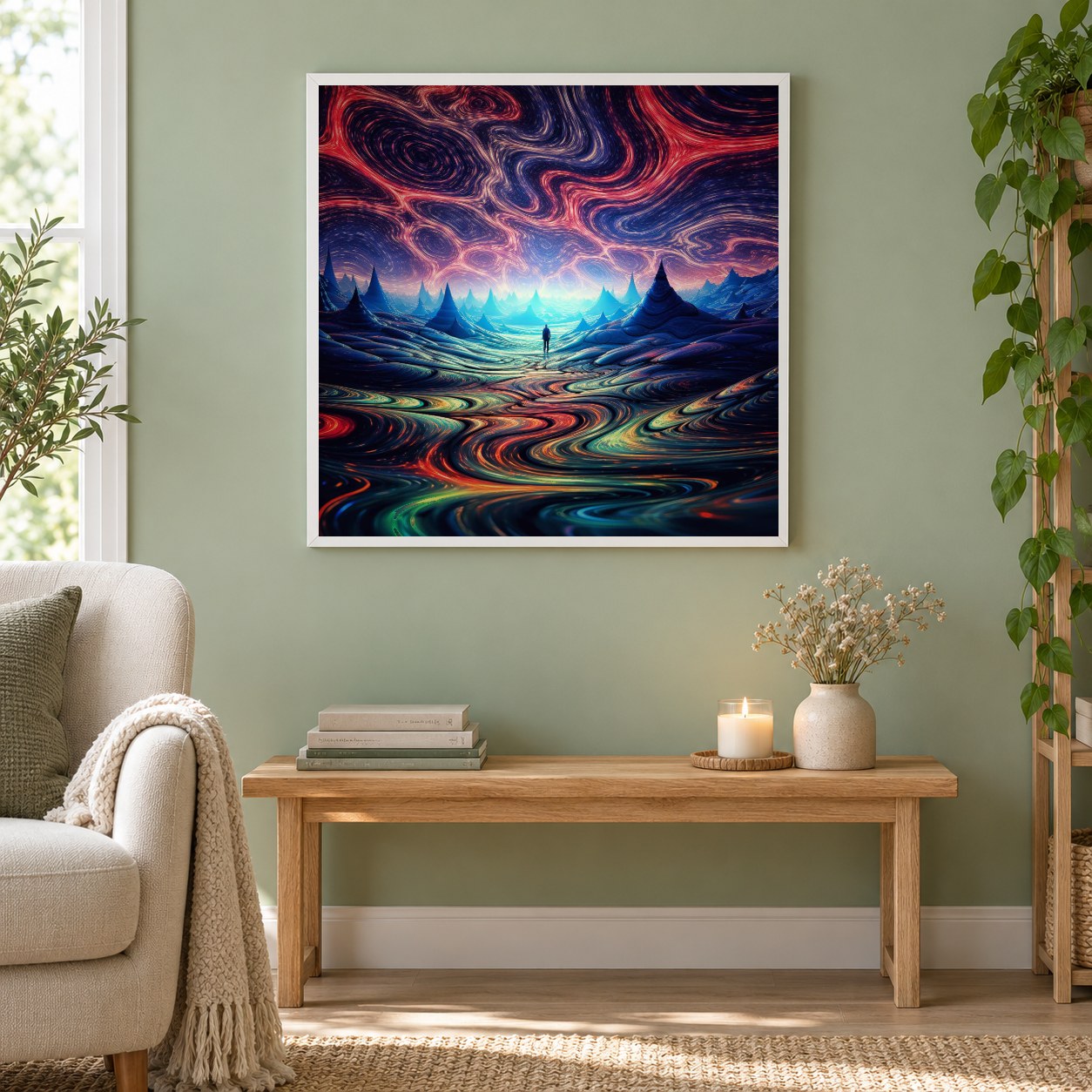 Finden Sie Ihren inneren Frieden – Diamantkunst als gerahmtes Diamond Painting im Wohnzimmer