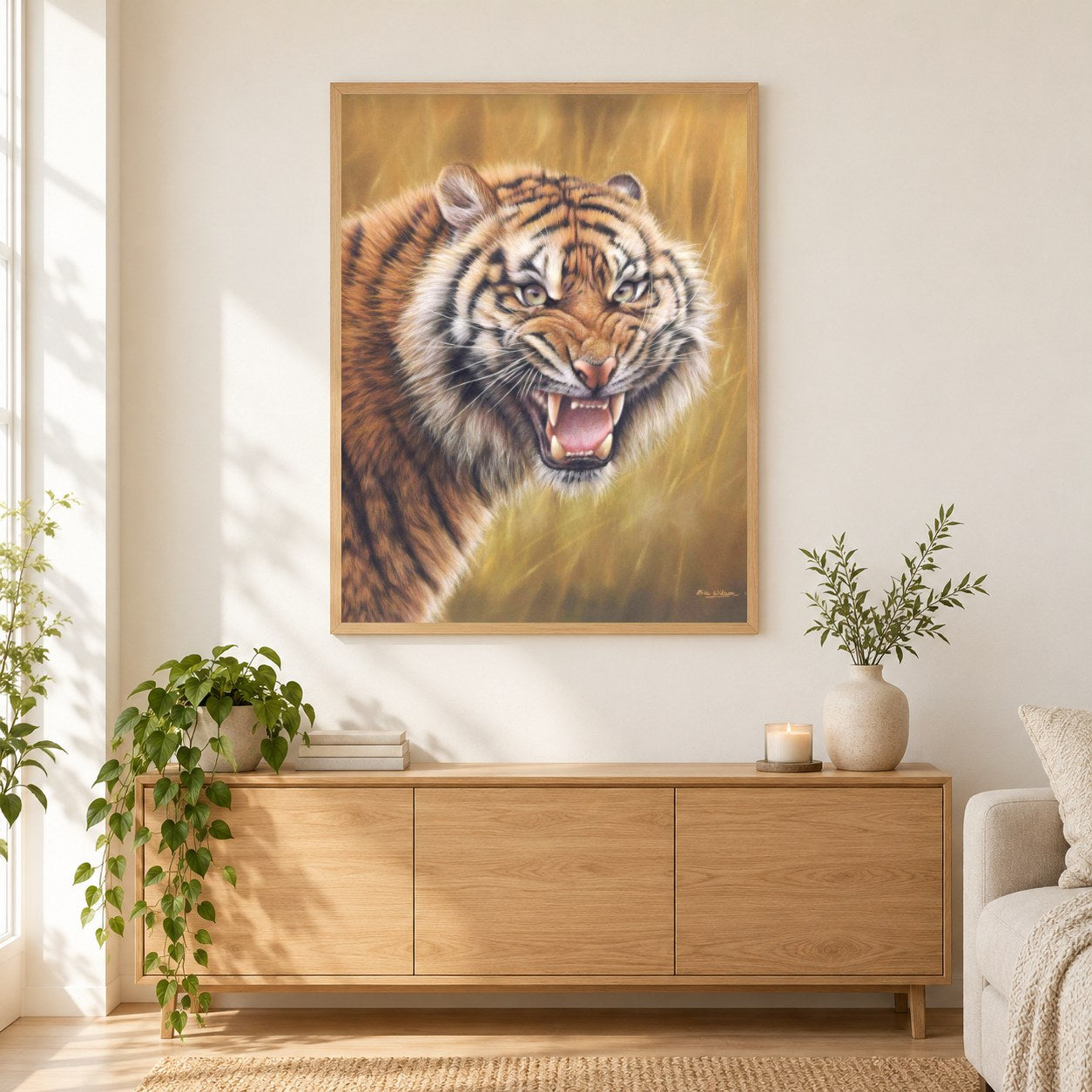 Feuer -  Kunst des Eric Wilson als gerahmtes Diamond Painting im Wohnzimmer