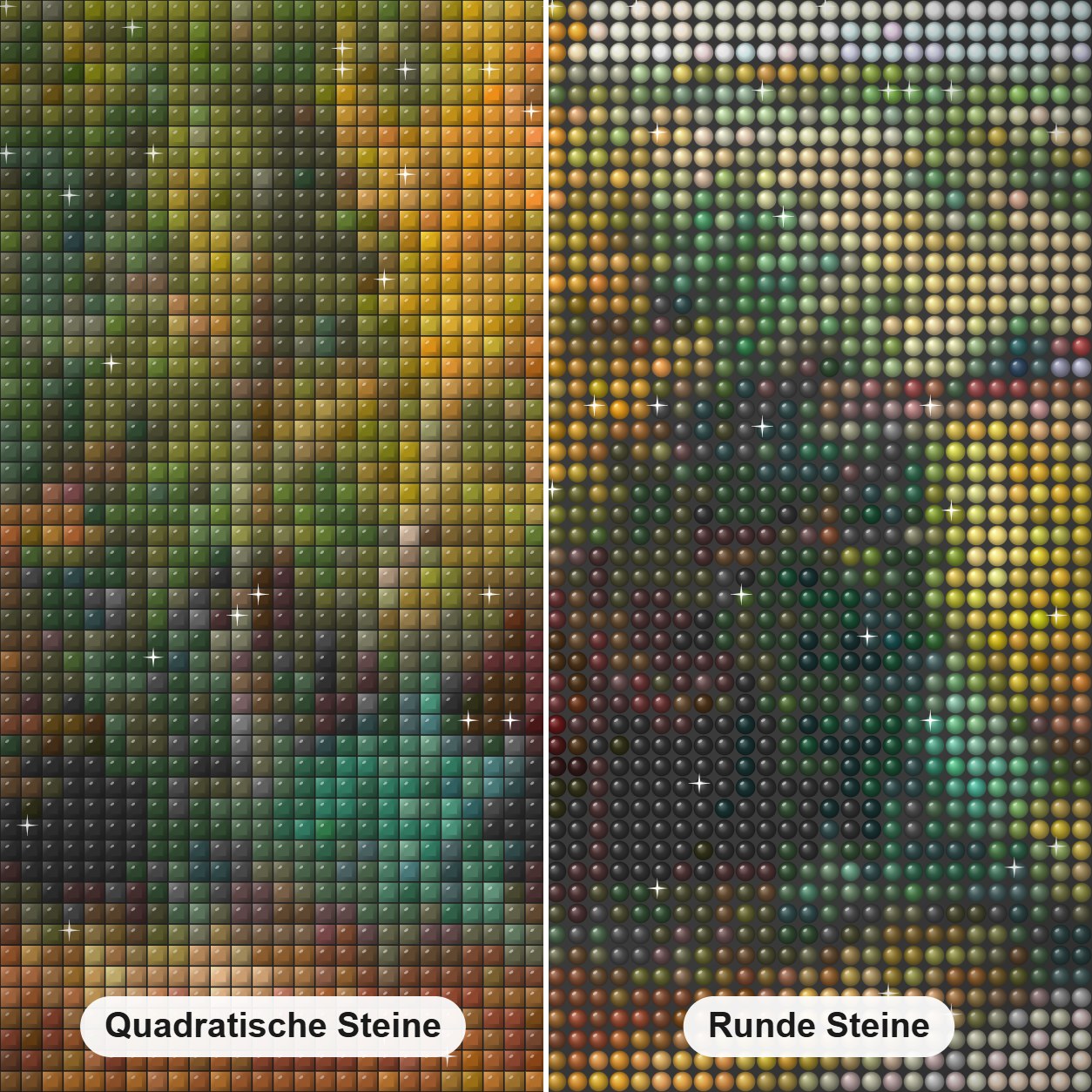 erster Frost - Kunst des Jonn Einerssen Diamond Painting Nahaufnahme mit quadratischen und runden Steinen