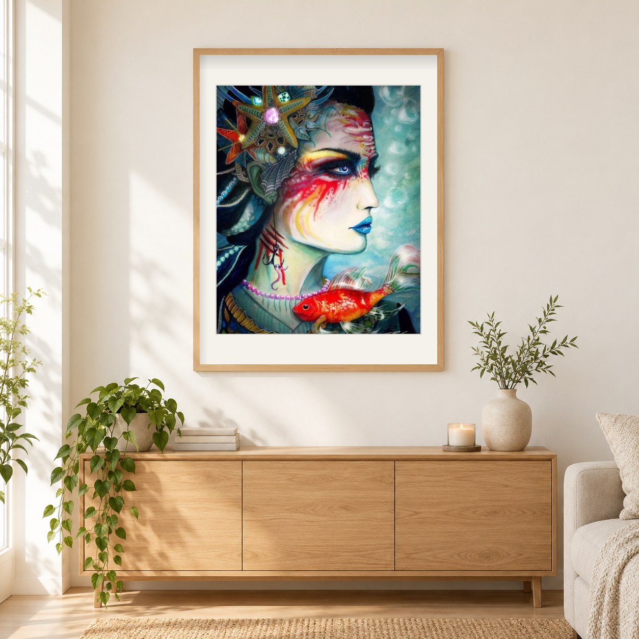 Fisch und Blumenkopf Frau Art als gerahmtes Diamond Painting im Wohnzimmer