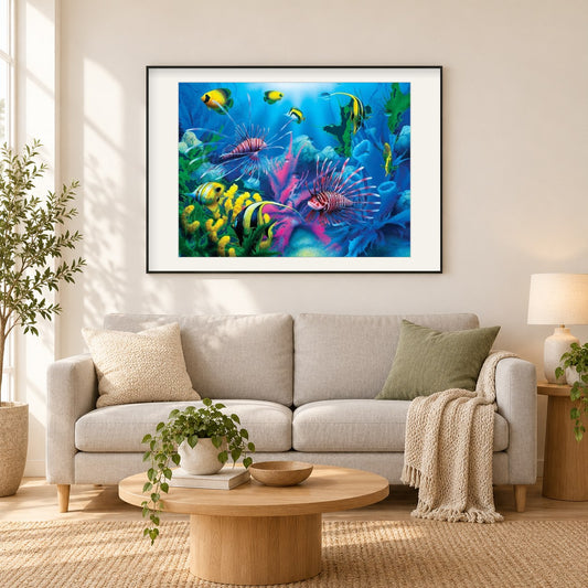Fischaquarium - Diamantkunst-Kit als gerahmtes Diamond Painting im Wohnzimmer