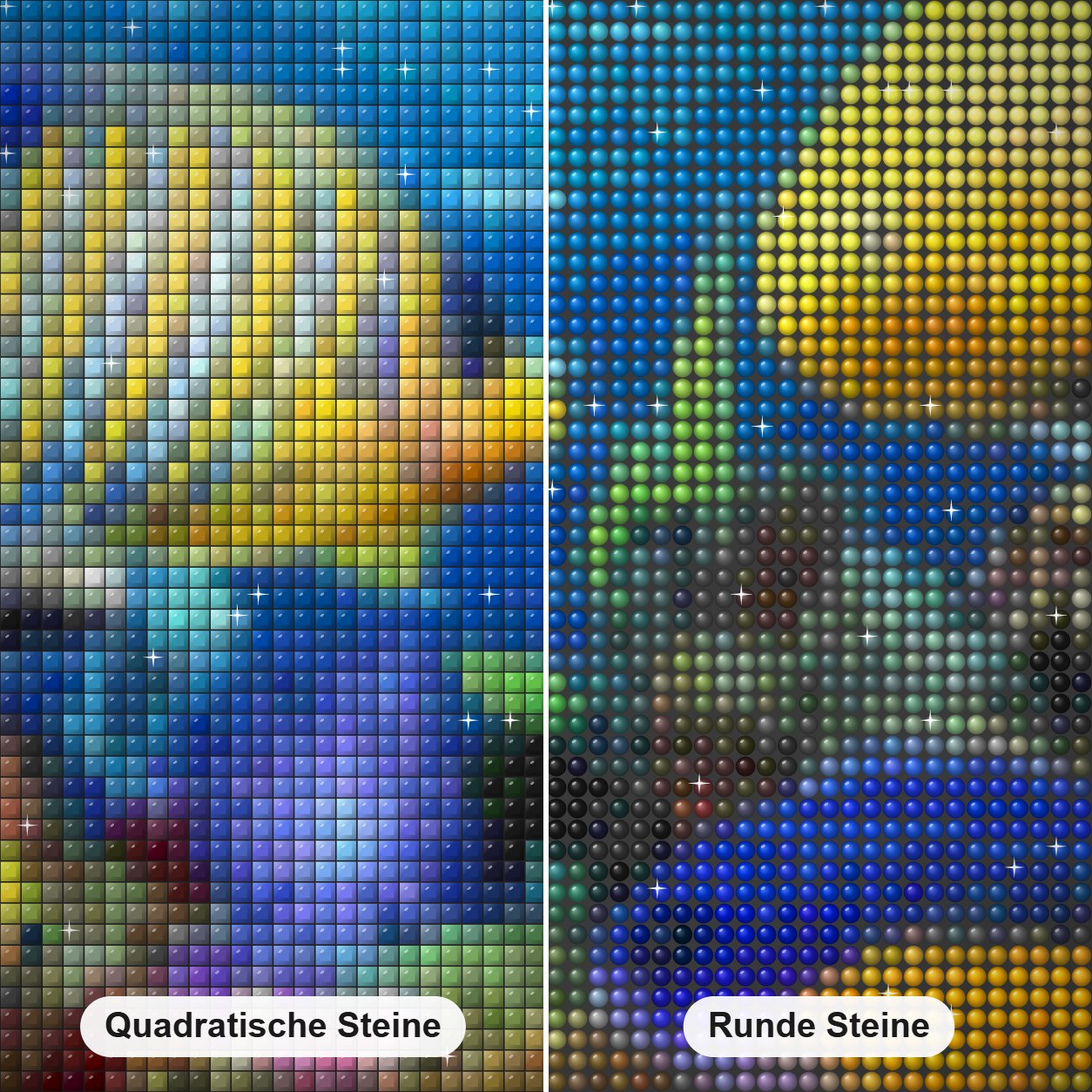 Fischaquarium Diamond Painting Nahaufnahme mit quadratischen und runden Steinen