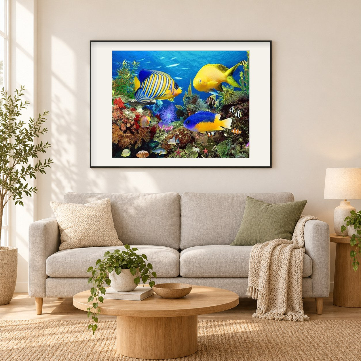 Fischaquarium als gerahmtes Diamond Painting im Wohnzimmer