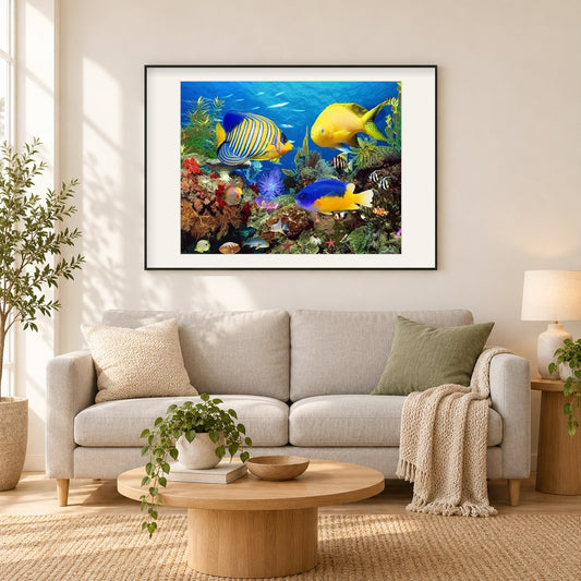 Fischaquarium als gerahmtes Diamond Painting im Wohnzimmer