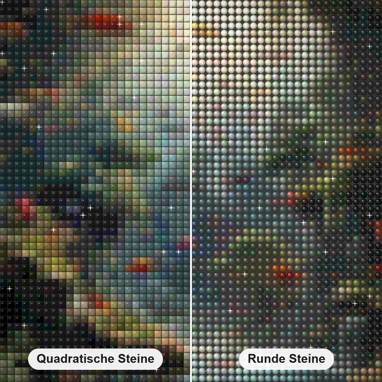 Fischregen Diamond Painting Nahaufnahme mit quadratischen und runden Steinen
