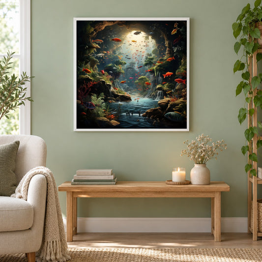 Fischregen als gerahmtes Diamond Painting im Wohnzimmer