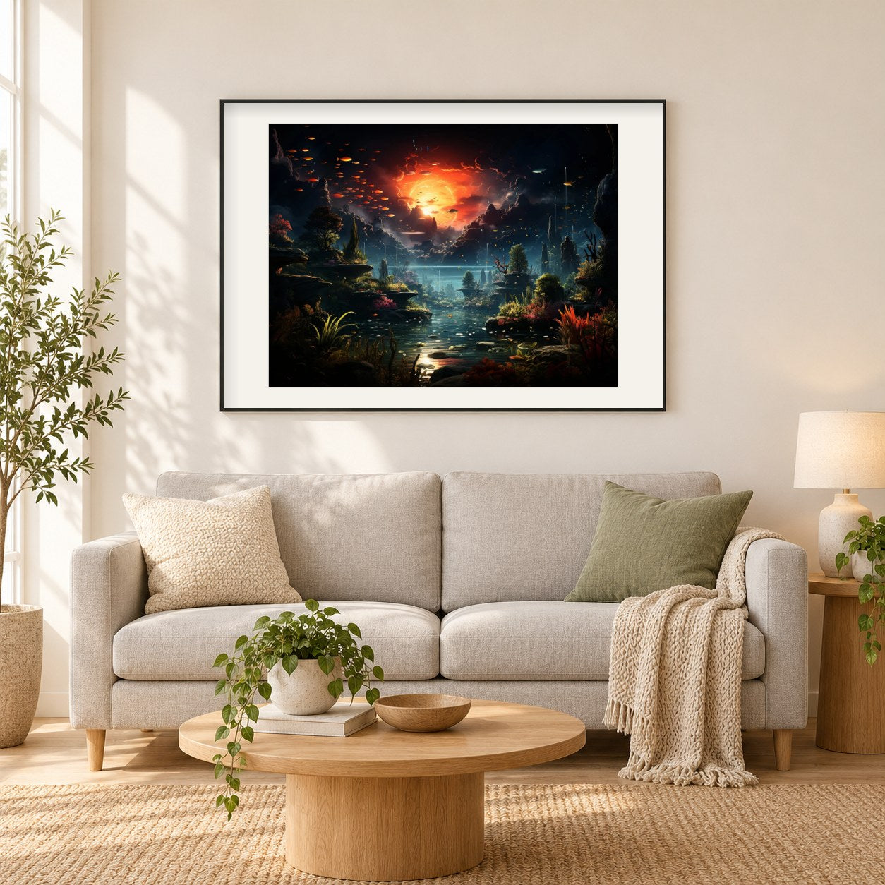 Schwimmende oder fliegende Fische als gerahmtes Diamond Painting im Wohnzimmer