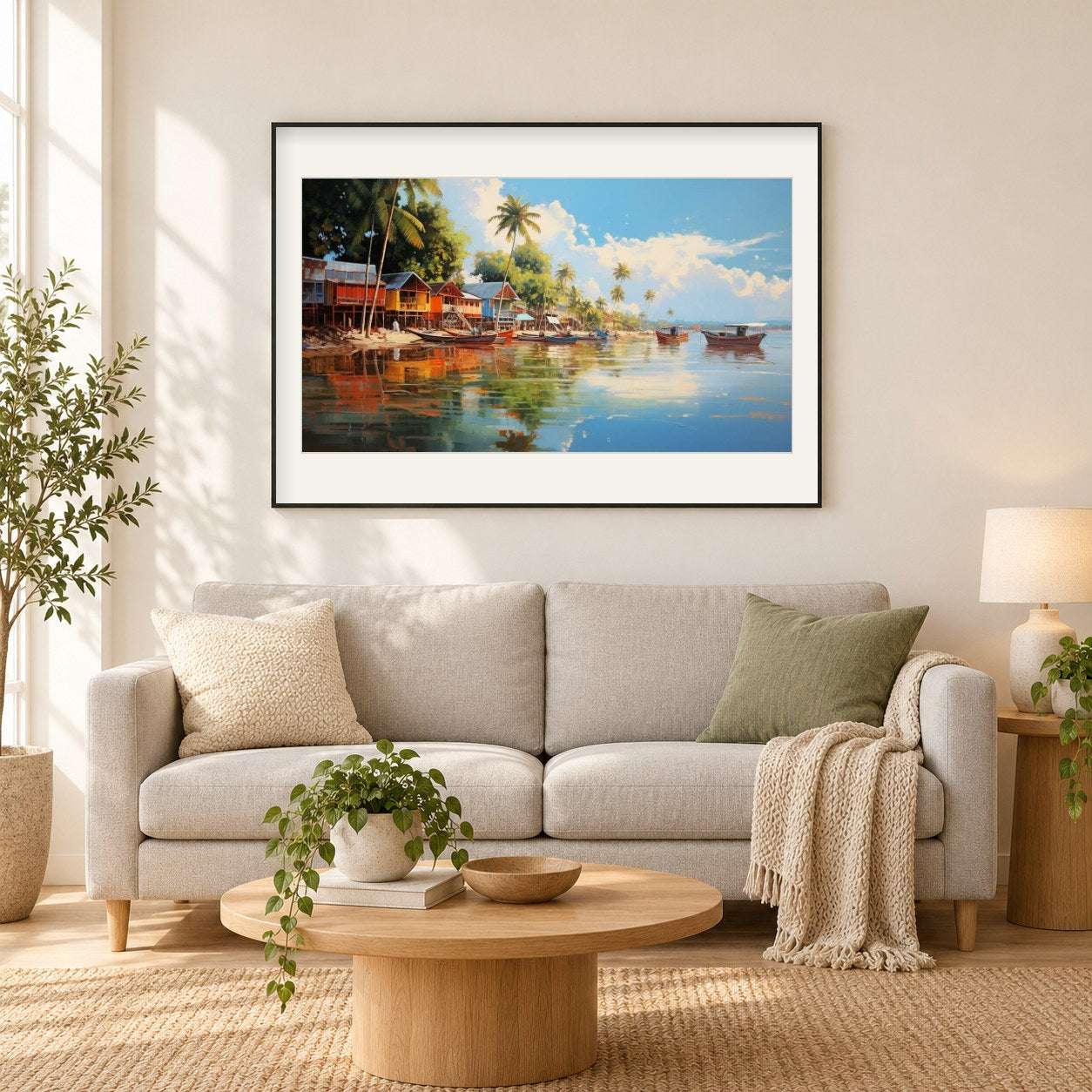 Fischerdorf in Malaysia als gerahmtes Diamond Painting im Wohnzimmer