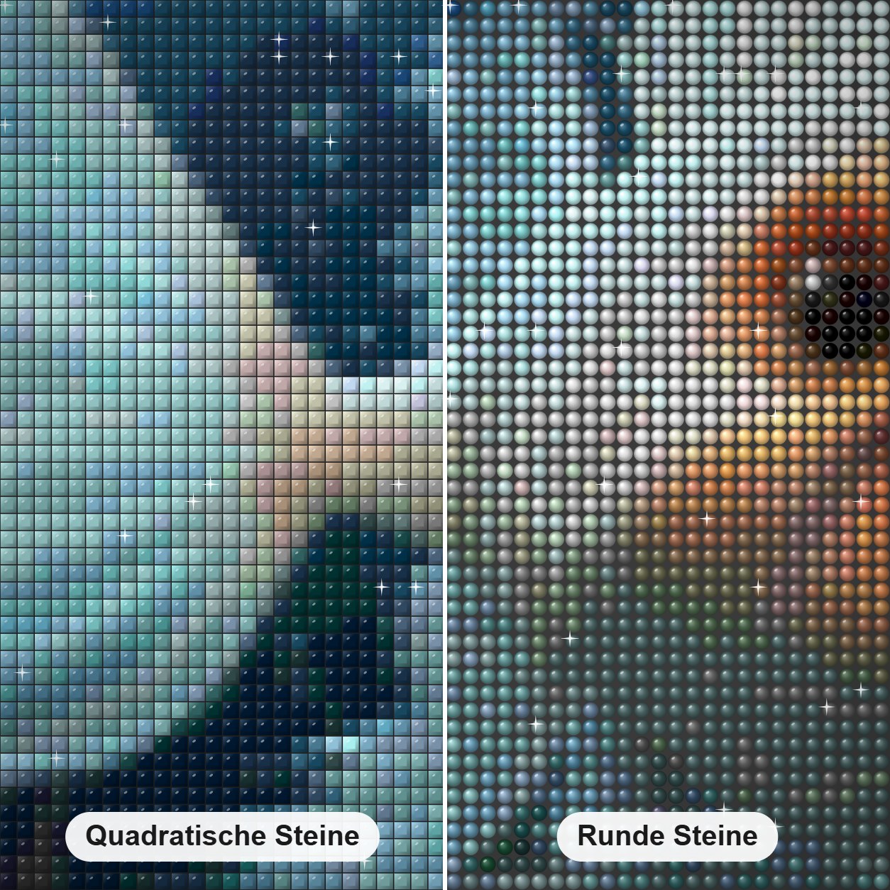 Fischige Faszination Diamond Painting Nahaufnahme mit quadratischen und runden Steinen
