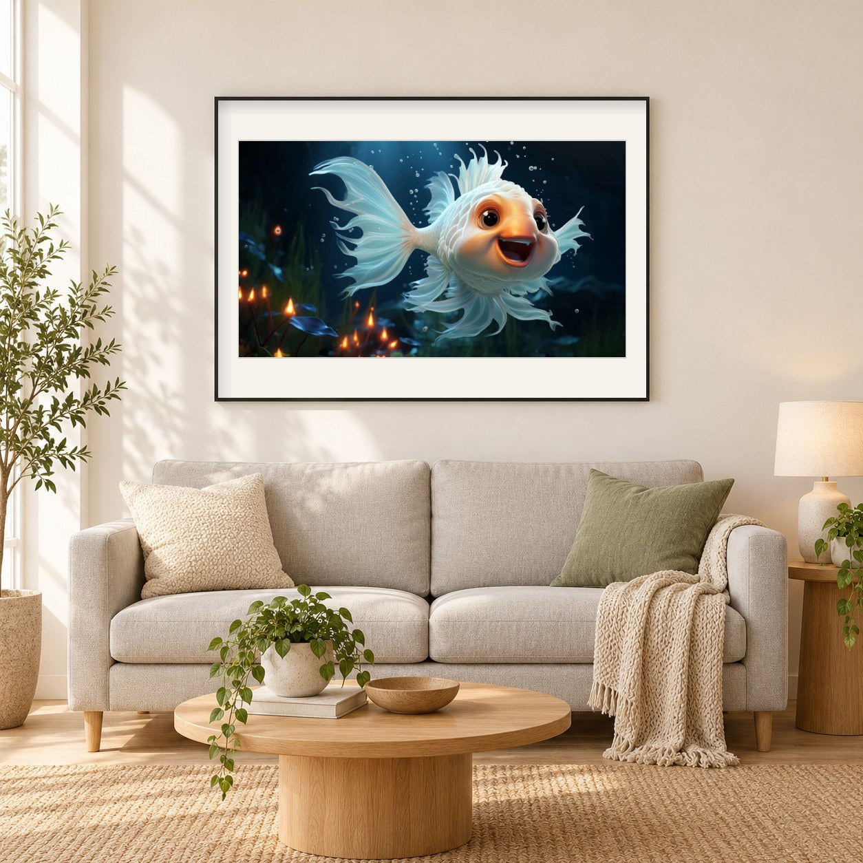 Fischige Faszination als gerahmtes Diamond Painting im Wohnzimmer