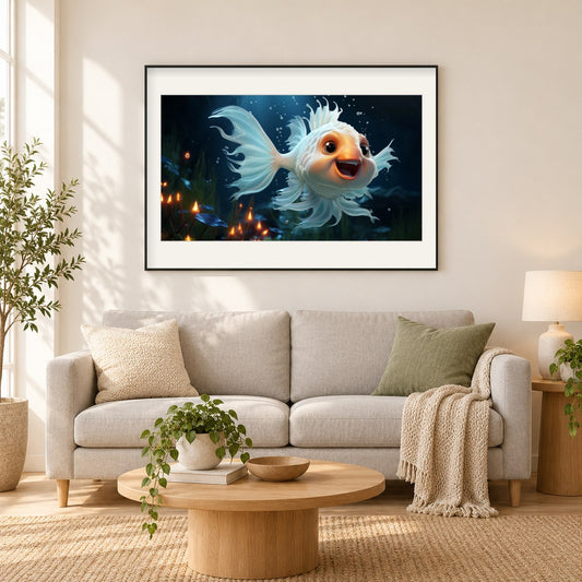 Fischige Faszination als gerahmtes Diamond Painting im Wohnzimmer