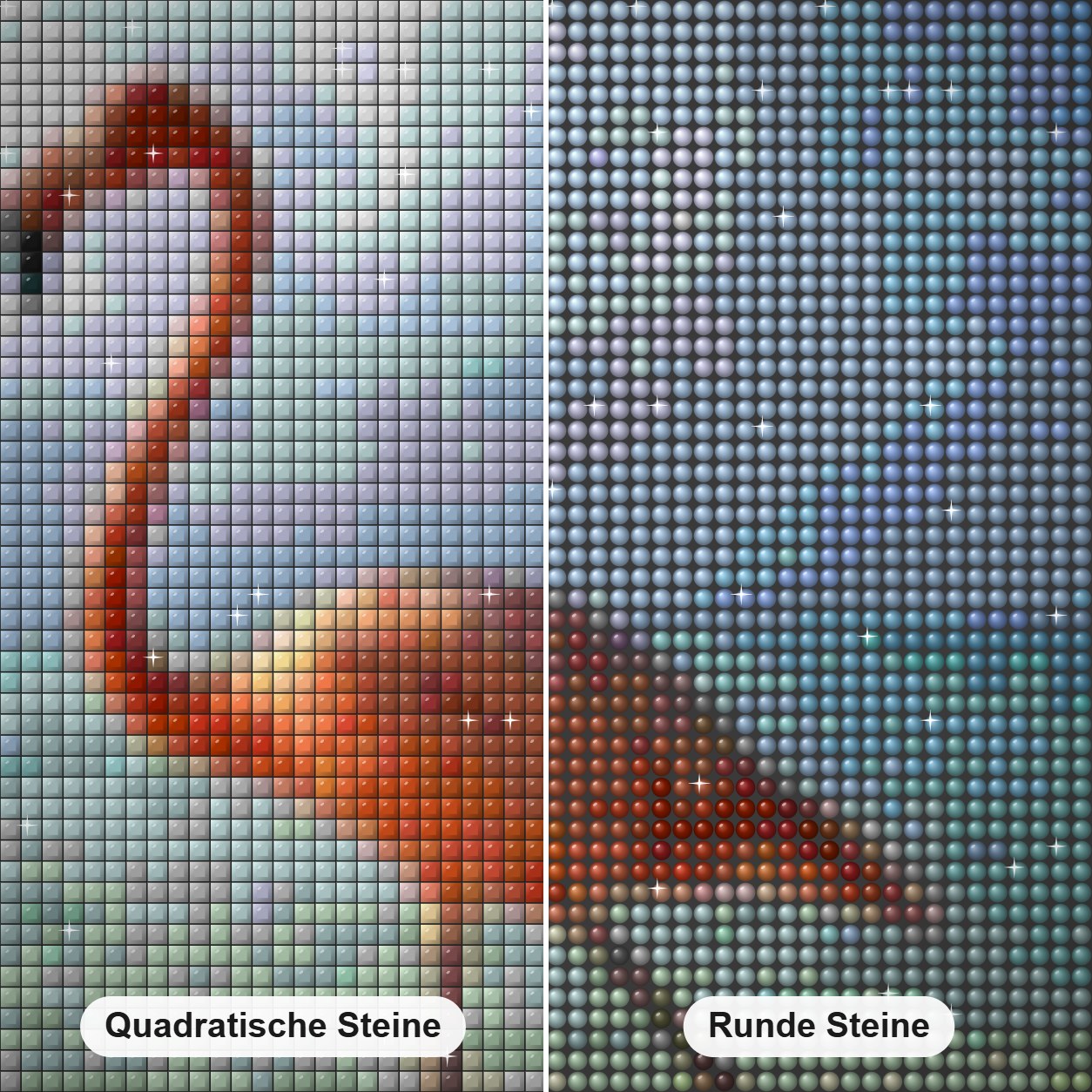Flamingo am Strand Diamond Painting Nahaufnahme mit quadratischen und runden Steinen