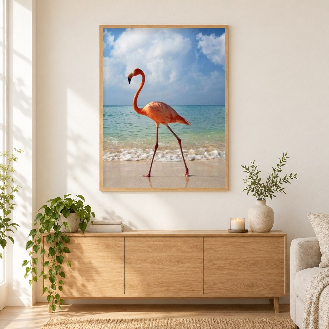 Flamingo am Strand als gerahmtes Diamond Painting im Wohnzimmer