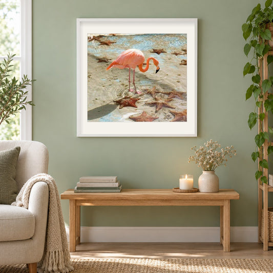 Flamingo & Star Fish als gerahmtes Diamond Painting im Wohnzimmer