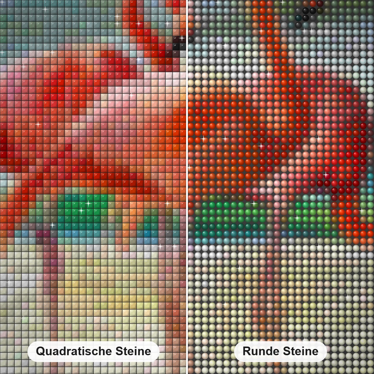 Flamingos am Strand Diamond Painting Nahaufnahme mit quadratischen und runden Steinen