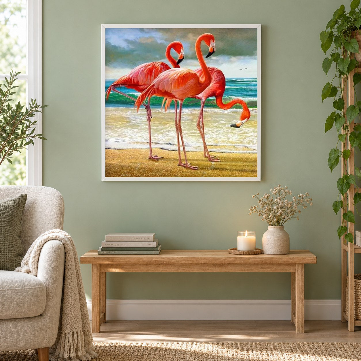 Flamingos am Strand als gerahmtes Diamond Painting im Wohnzimmer