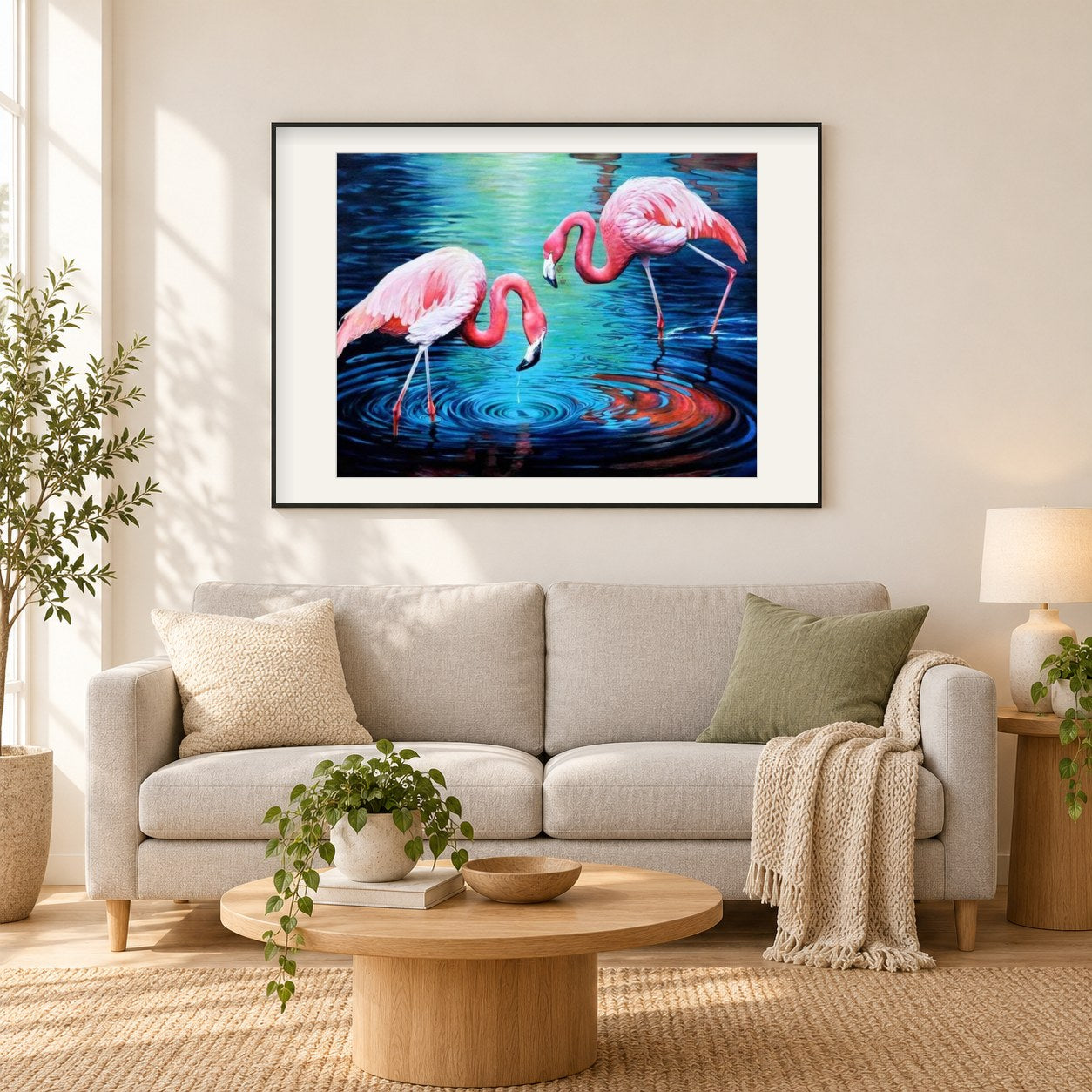 Flamingos Paar im Wasser als gerahmtes Diamond Painting im Wohnzimmer