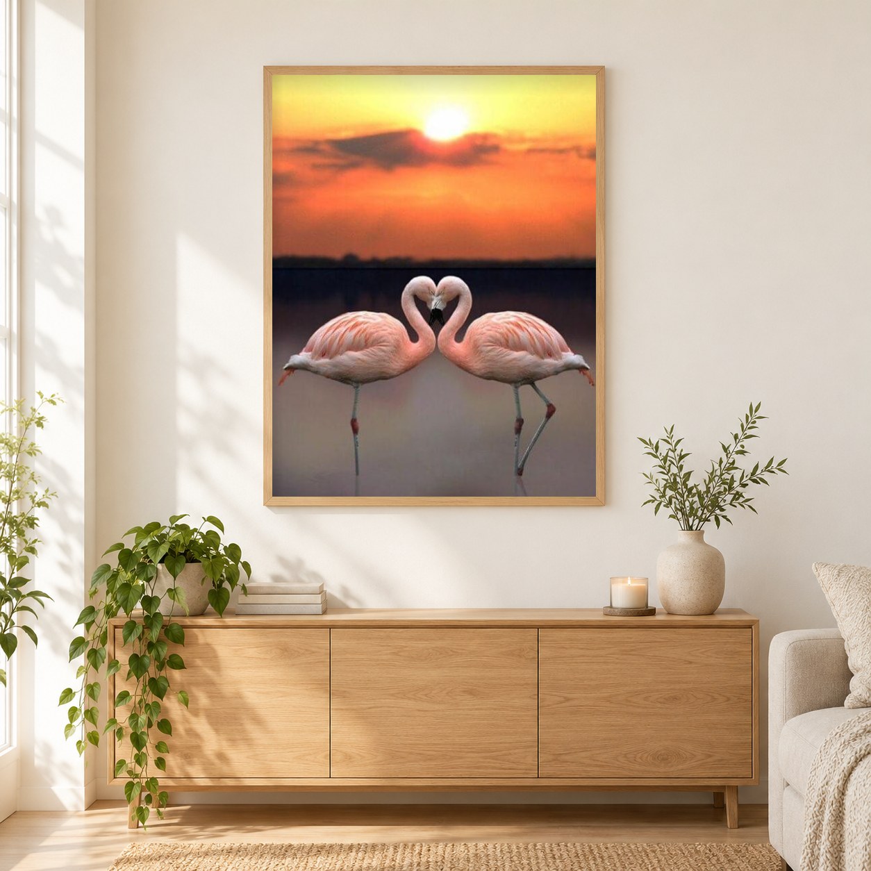 Flamingos & Sonnenuntergangslandschaft als gerahmtes Diamond Painting im Wohnzimmer