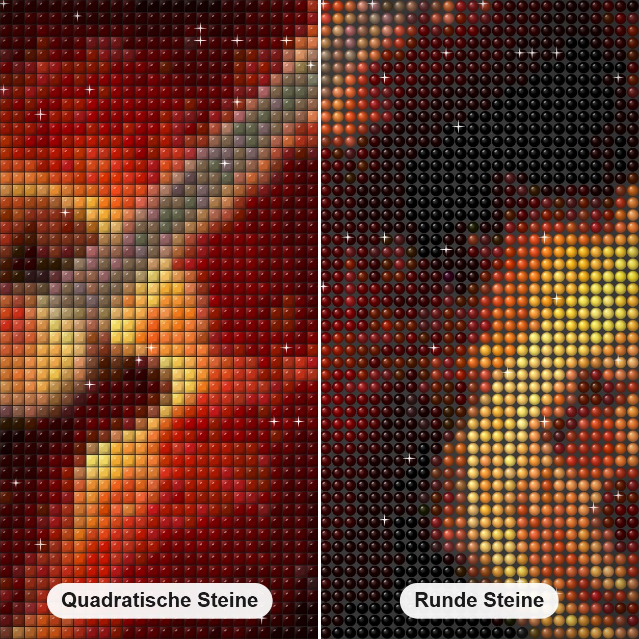 Flammende Musik Diamond Painting Nahaufnahme mit quadratischen und runden Steinen