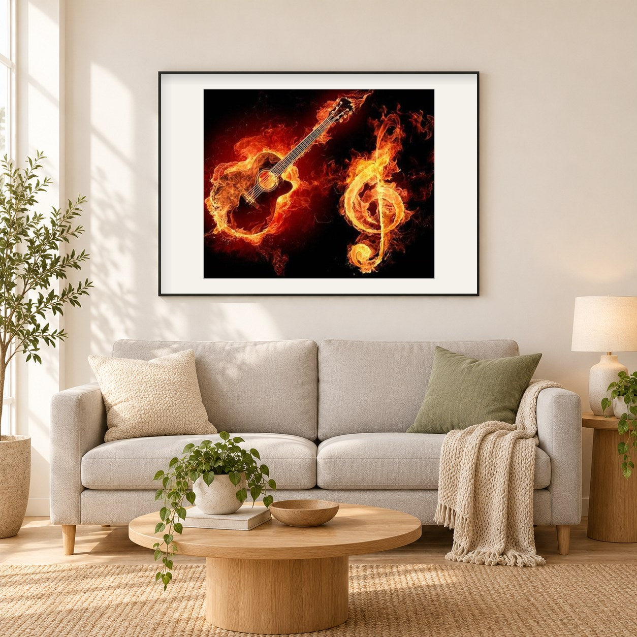 Flammende Musik als gerahmtes Diamond Painting im Wohnzimmer